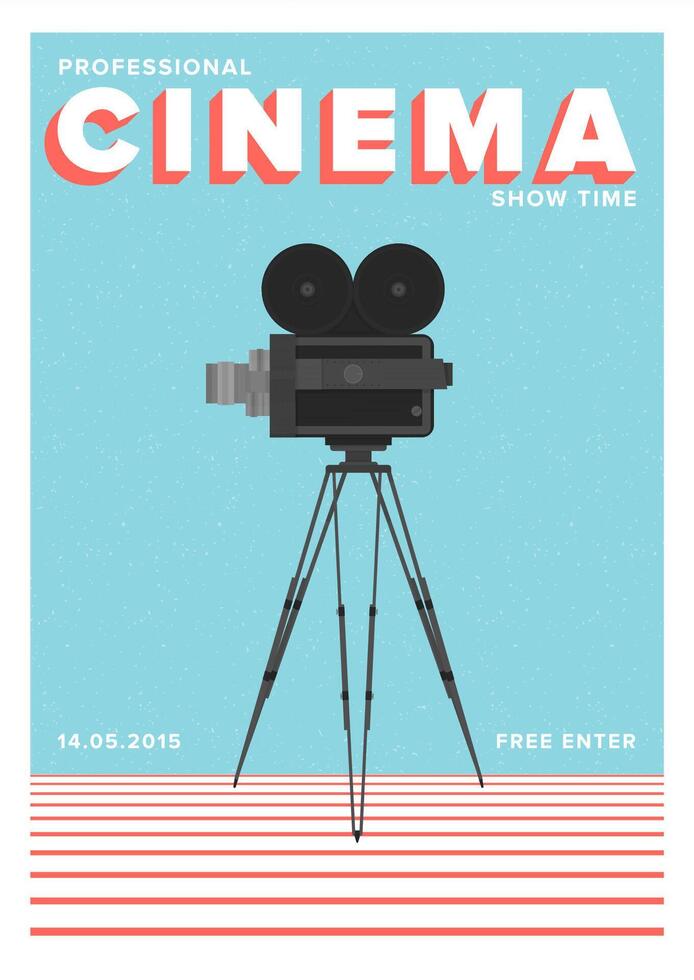 póster o volantes modelo para profesional cine espectáculo hora o película estreno con película cámara en pie en trípode. vistoso vector ilustración para evento anuncio.