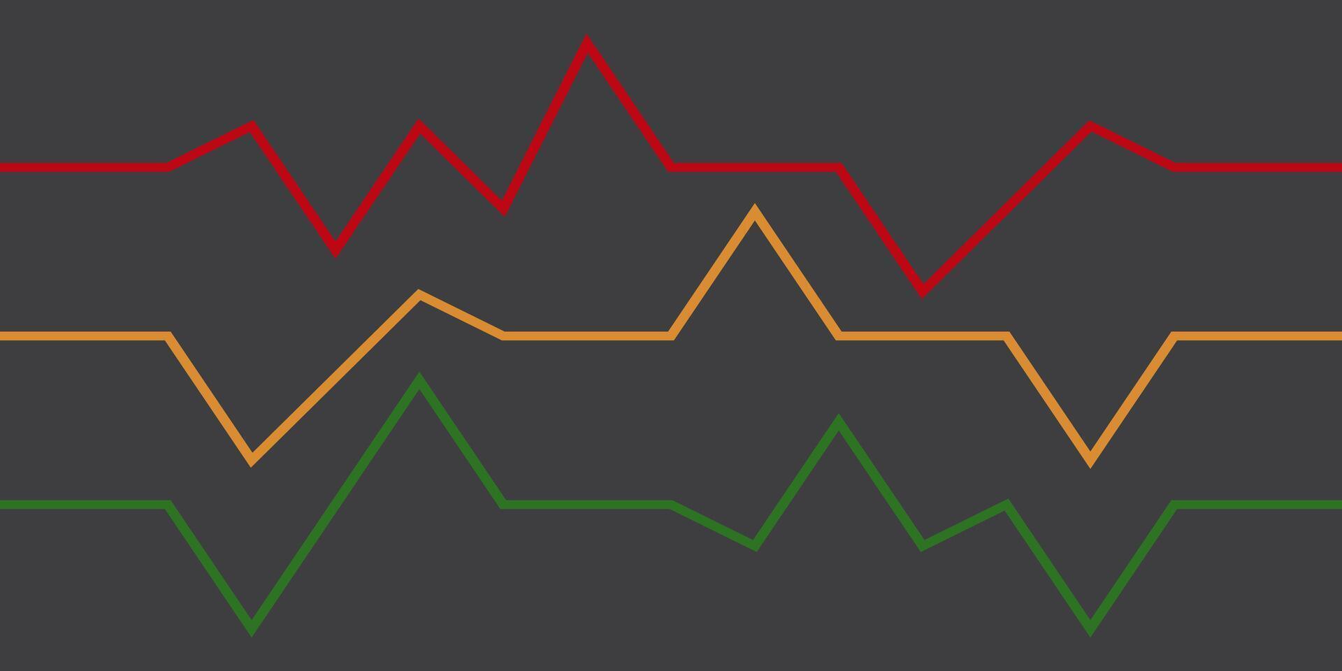 heart rate monitor graphic background, red yellow green. line vector isolated on black background. modern and simple design
