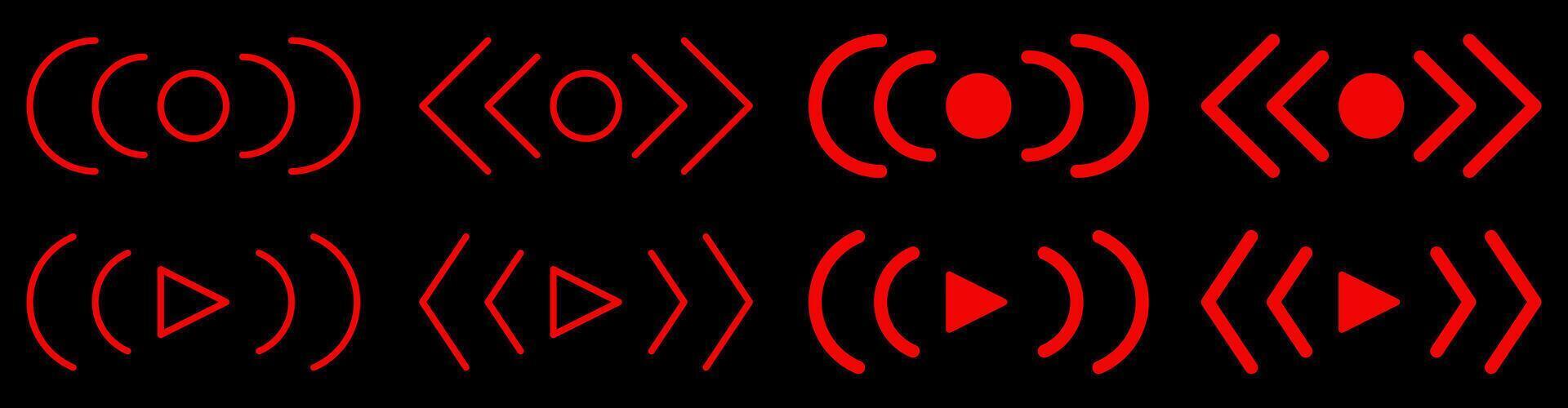 set of red live broadcast signal icons. simple vector isolated on black background. design for apps, web, social media.