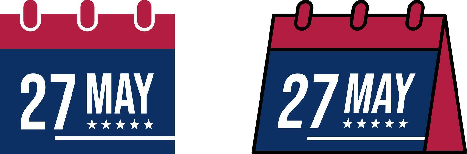 Memorial Day calendar icon. May, 27, federal holiday concept in the United States which is celebrated annually on the last Monday of May. vector