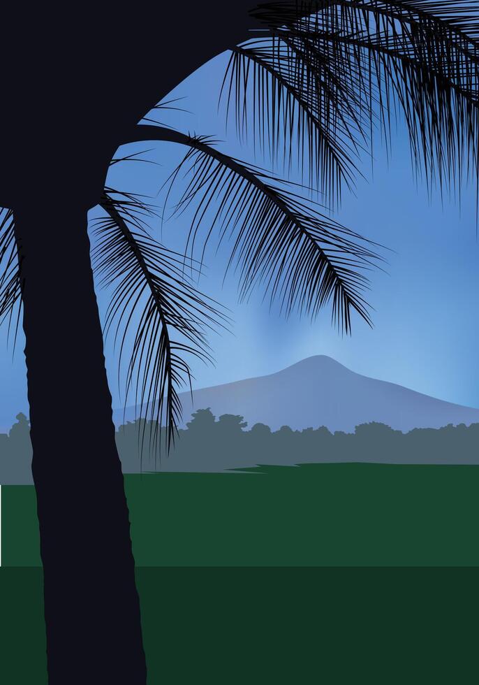Coconut tree silhouette with mountain at the background vector shape for background design.
