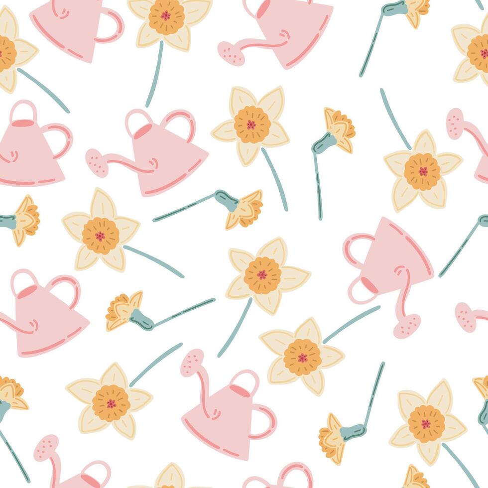 Easter flowers spring vibe flat design seamless pattern with watering can and narcissus vector