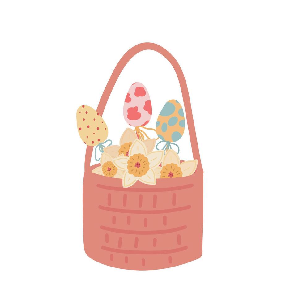 Easter basket flat design flowers coloured eggs vector