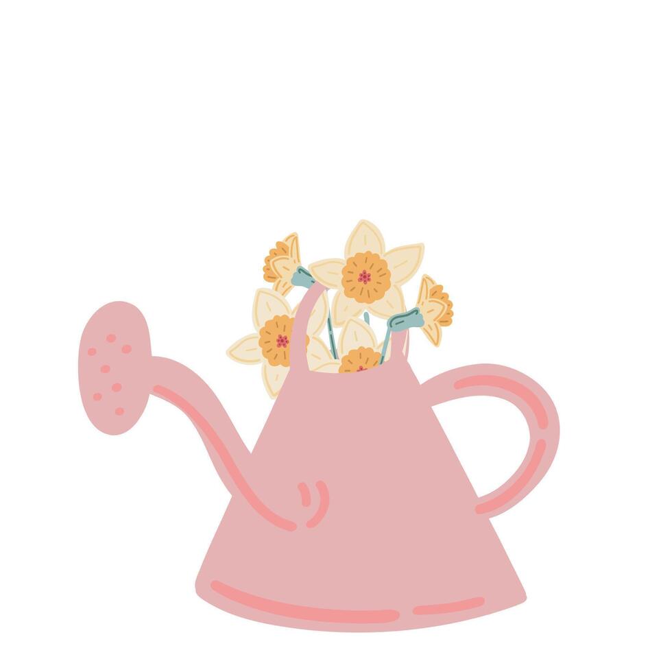 Spring time watering can with spring flowers narcissus vector