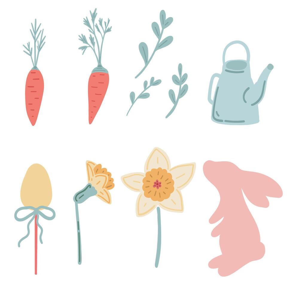 Easter springtime flat design set with rabbit carrot and flowers vector