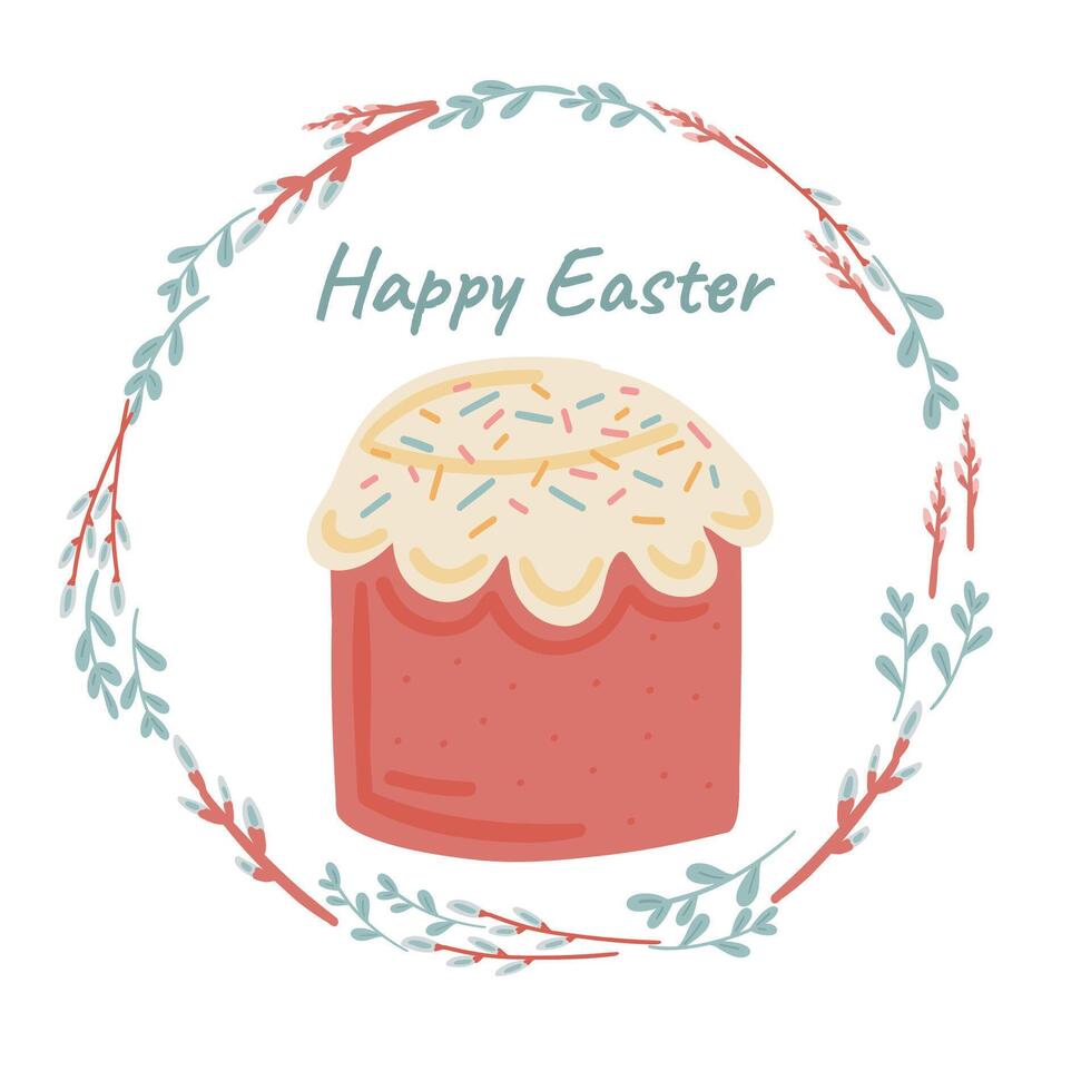 Happy Easter card flat design with cake and willow vector