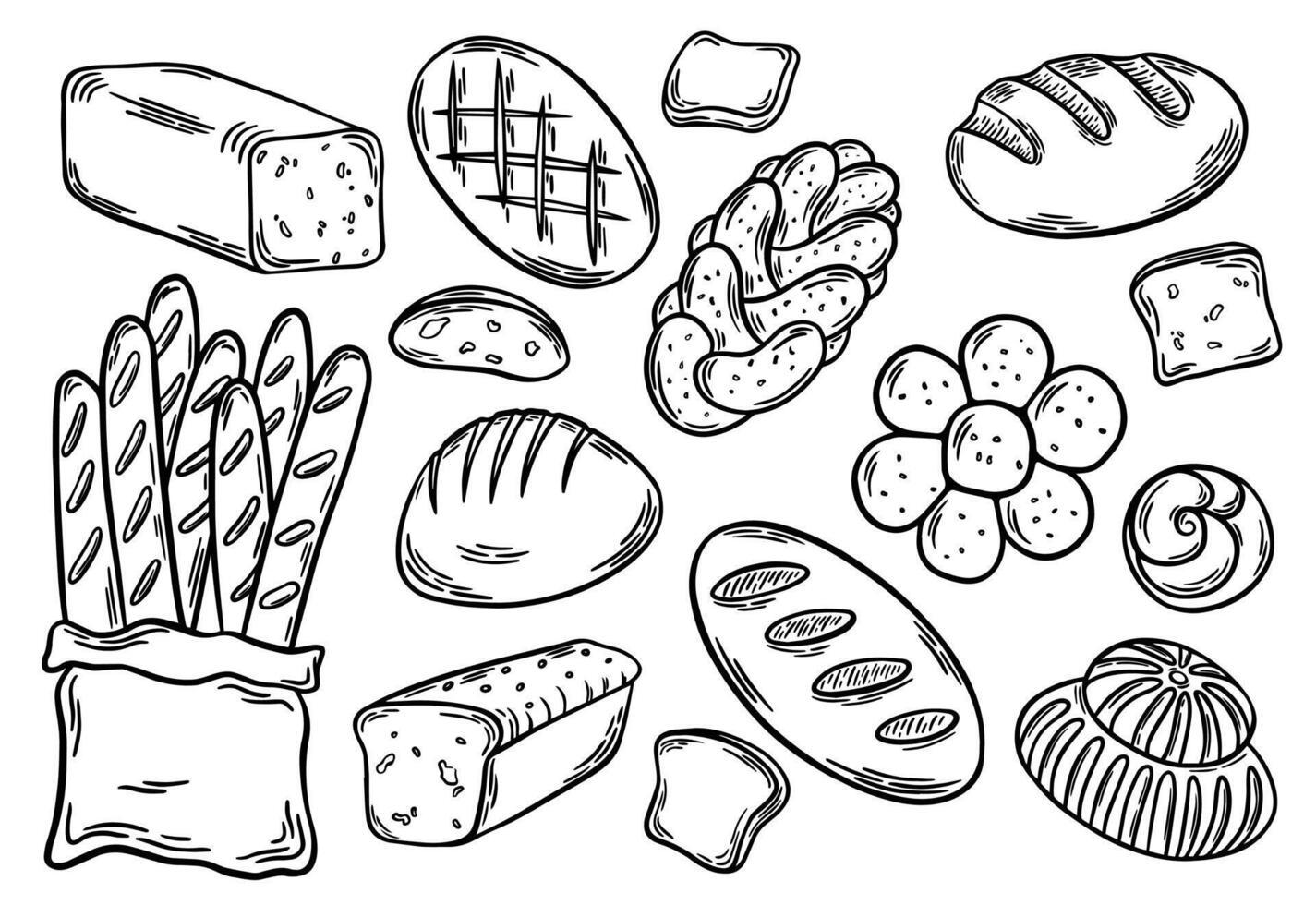 diferente tipos de un pan describir. un pan grabado, línea Arte vector ilustración. trigo productos, horneado bienes, panadería, Pastelería