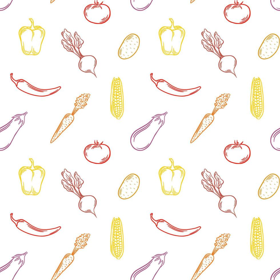 Red yellow orange vegetables outline vector seamless pattern. Healty food, veggies background, backdrop, wallpaper, packaging design