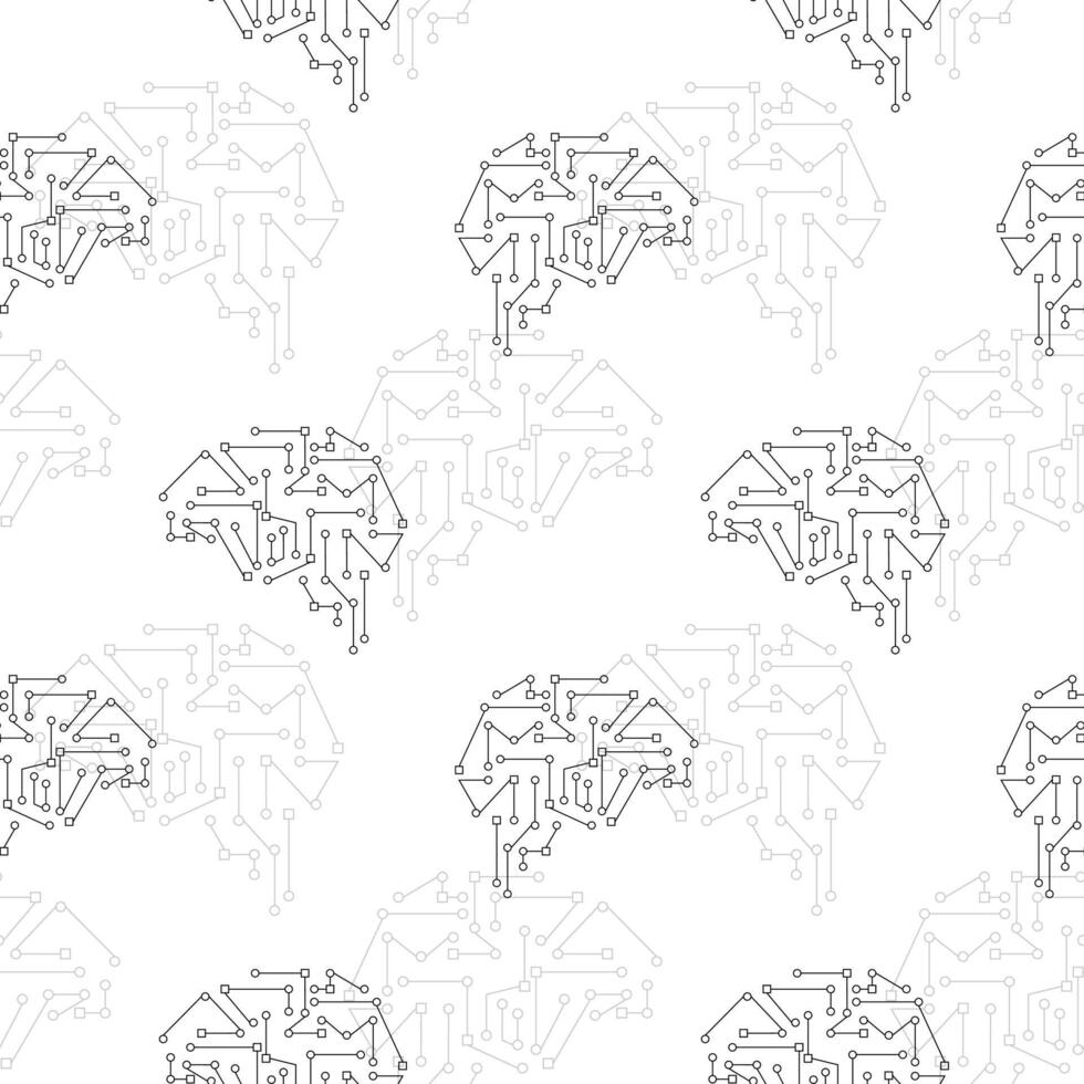 Circuit brain black vector seamless pattern. Brain shape background illustration, wallpaper. Technology, science, futuristic mind