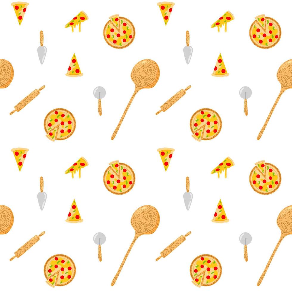 Pizza making vector seamless pattern. Pizza cooking, pizza making, Italian cuisine. Background, backdrop, wallpaper, packaging design.