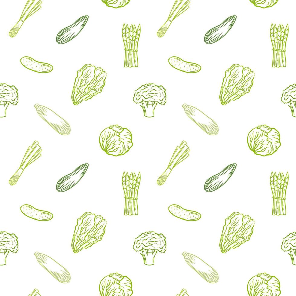 Green vegetables outline vector seamless pattern. Healty food, veggies background, backdrop, wallpaper, packaging design.