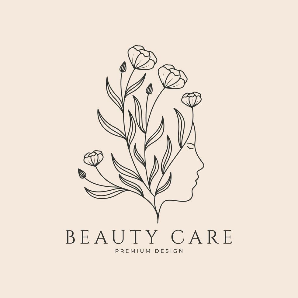 hand drawn logo line art feminine beauty floral botanical salon spa cosmetic care design vector illustration minimalist