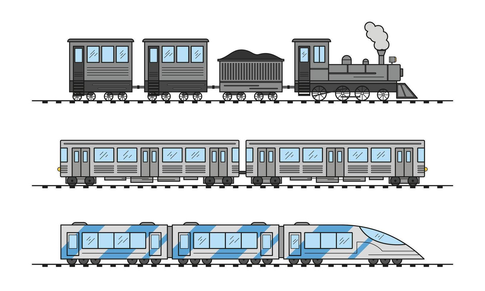 Modern and vintage train collection. Old and electric high-speed passenger trains. Railroad travel and railway tourism. Subway transport underground train. vector