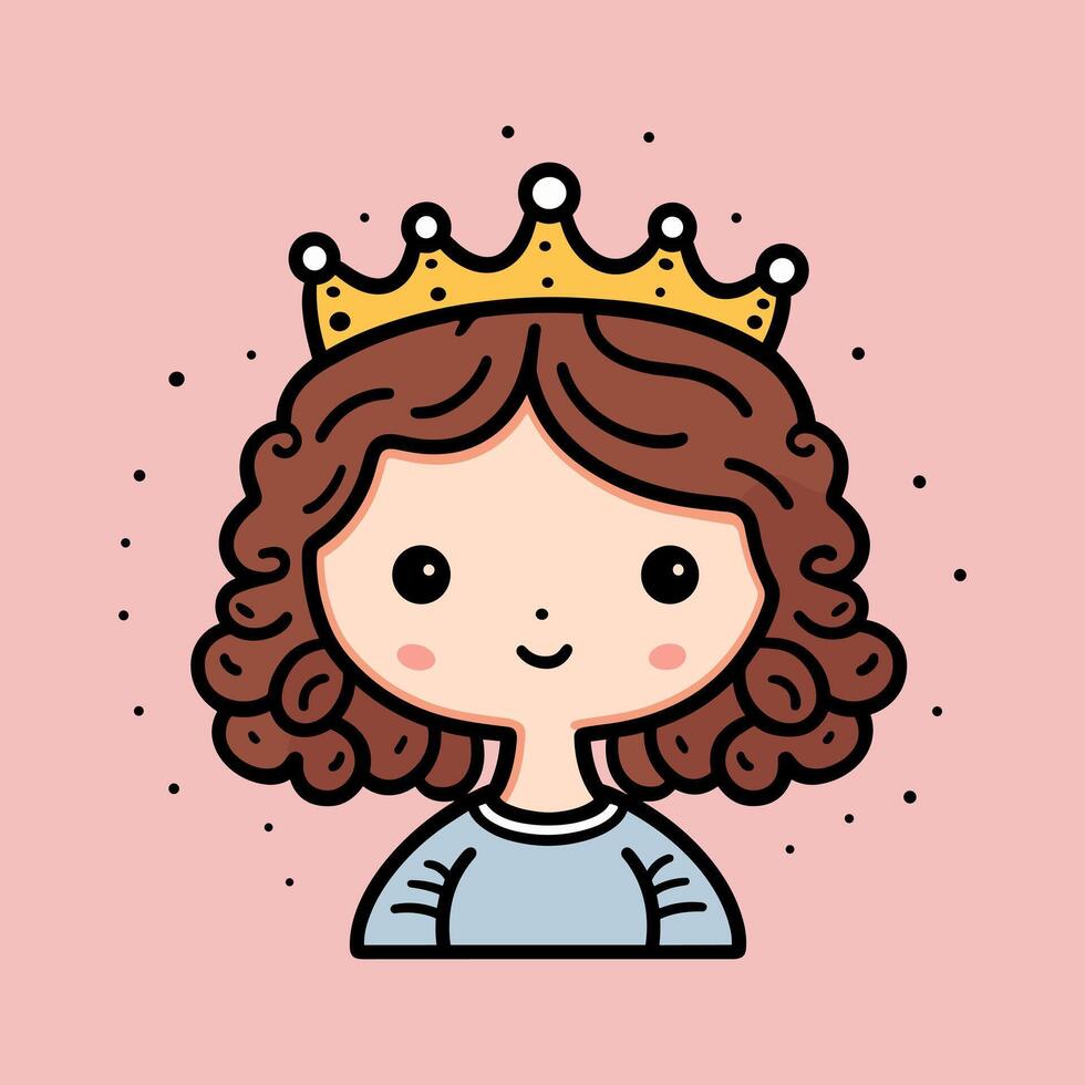 Cartoon princess child. Cute illustration of girl wearing gold crown and blue dress or shirt. Smiling kid with brown curly hair on pink background vector