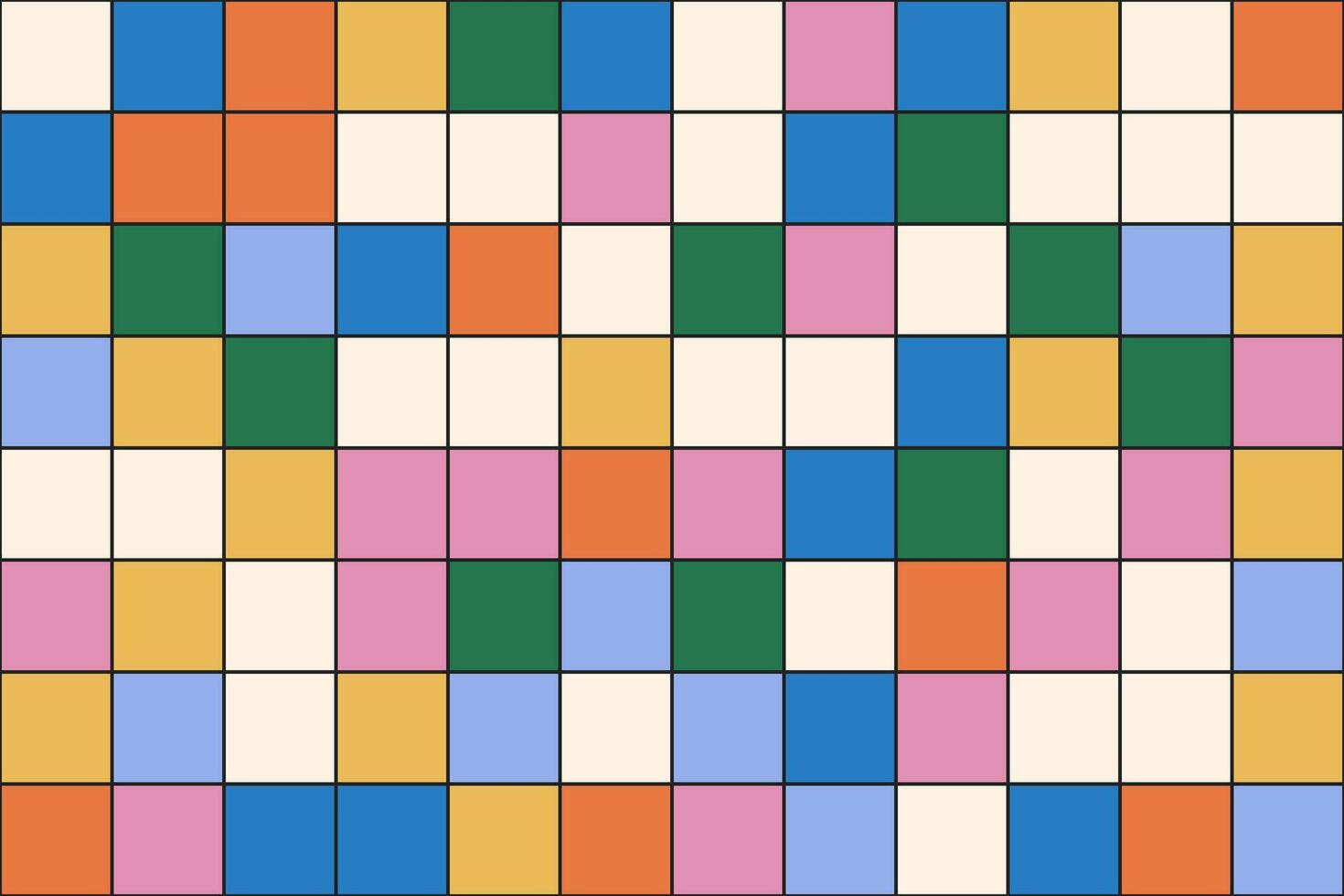 Grid of colorful squares. Funky groovy background. Checkered vector design