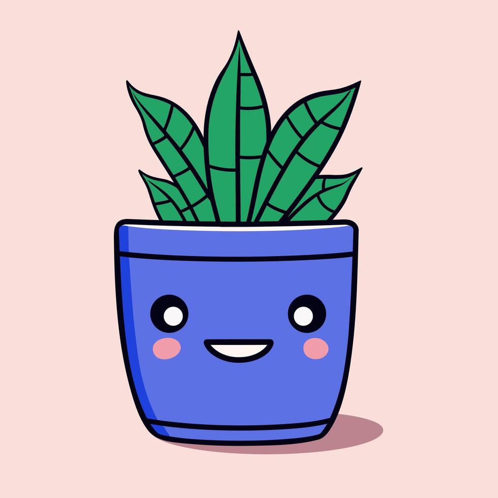 linda dibujos animados planta de casa con gracioso sonriente cara en azul maceta. vector mano dibujado ilustración