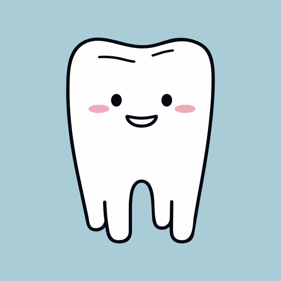 sonriente sano diente icono aislado en azul antecedentes. oral dental higiene. niños dientes cuidado. dibujos animados plano diseño. vector ilustración