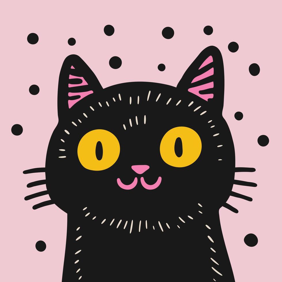 Hand drawn black cat with yellow eyes on pink background. Minimal primitive vector illustration. Contemporary native art