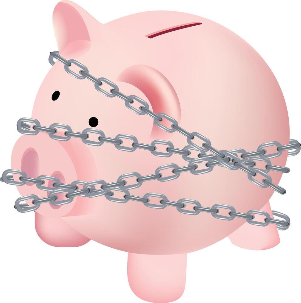 asegurado ahorros concepto con cerdito banco en cadenas vector