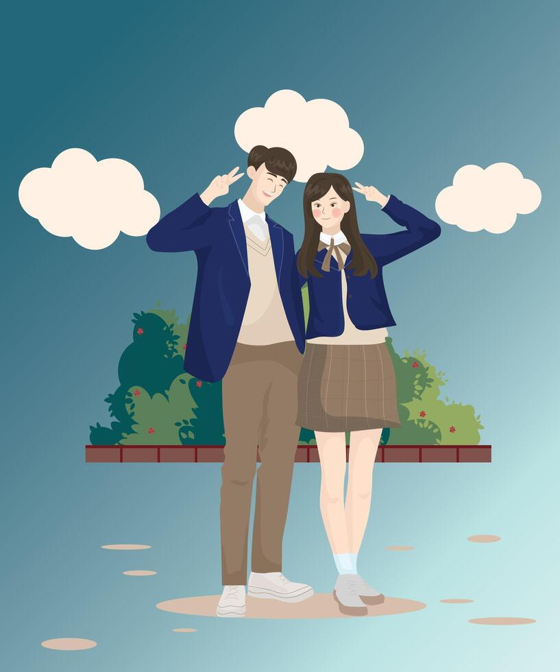 Man and woman in casual clothes showing gestures posing for friendship photo. standing hugging and smiling looking at the camera. Flat vector illustration