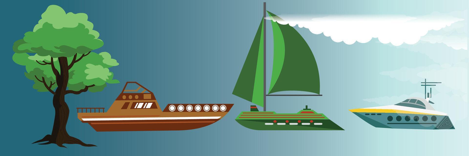 Sea boat with water and trees. various types of ships. colored ships vector