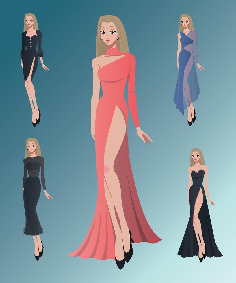 Collection of evening dresses, with various styles of an elegant woman. vector