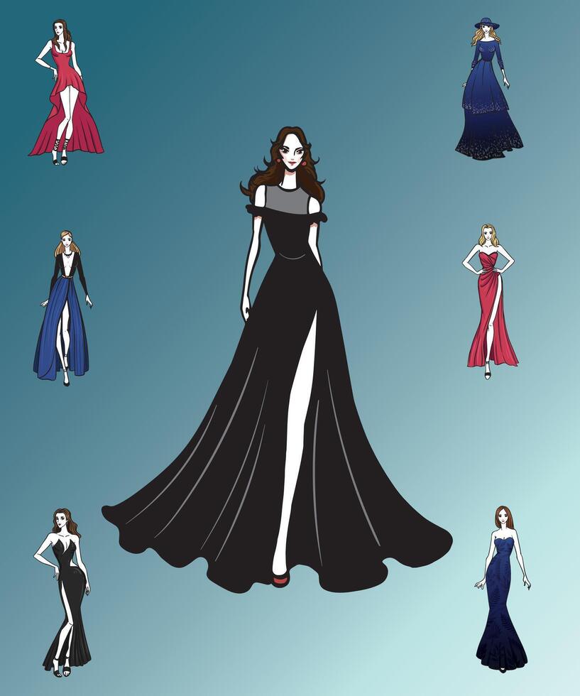 estilo de un mujer noche vestir ropa. colección de noche vestidos, fiesta vestidos y formal eventos vector