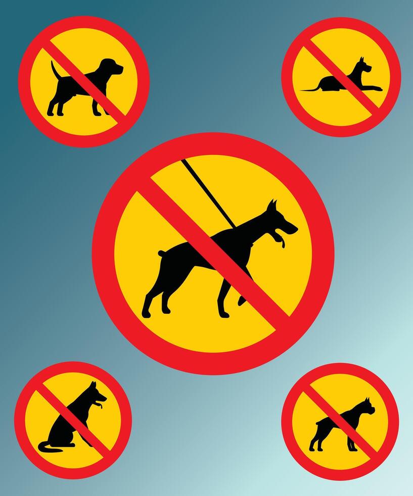 Dogs are not allowed. Five dog prohibition signs, vector illustration.