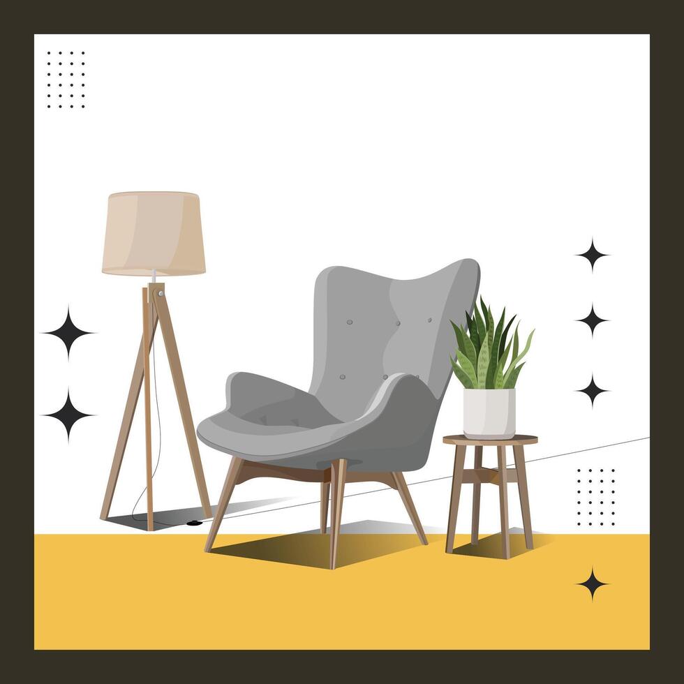 Home interior decoration. Chairs, tables, lamps, decorative plants. elegant background vector