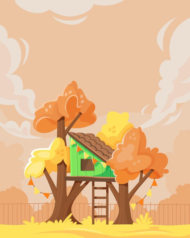 Cartoon autumnal treehouse scene. Warm-toned illustration of a cozy treehouse among autumn leaves. Little green tree fort. vector