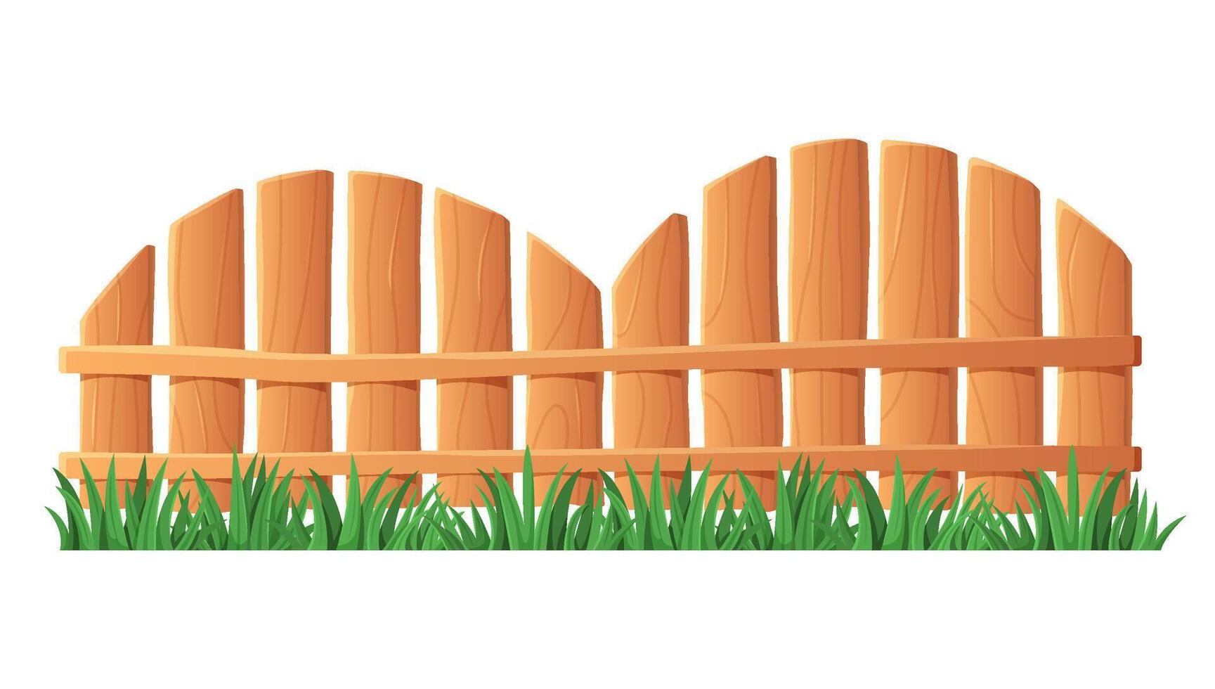 Vector illustration of cartoon wooden fence with green grass, isolated on a white background. Front view.