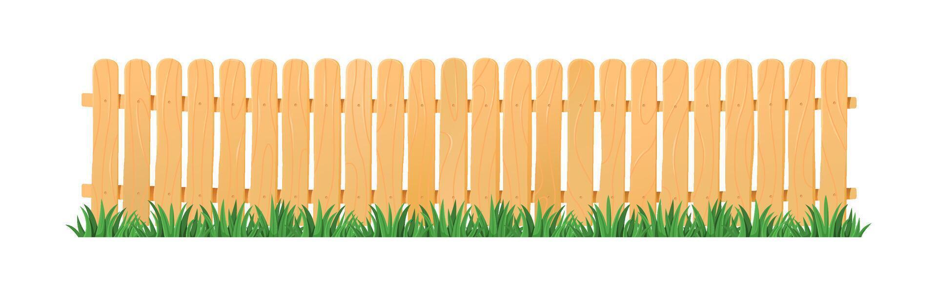 Wooden garden fence with lush green grass. Vector Illustration of barrier with fresh lawn.