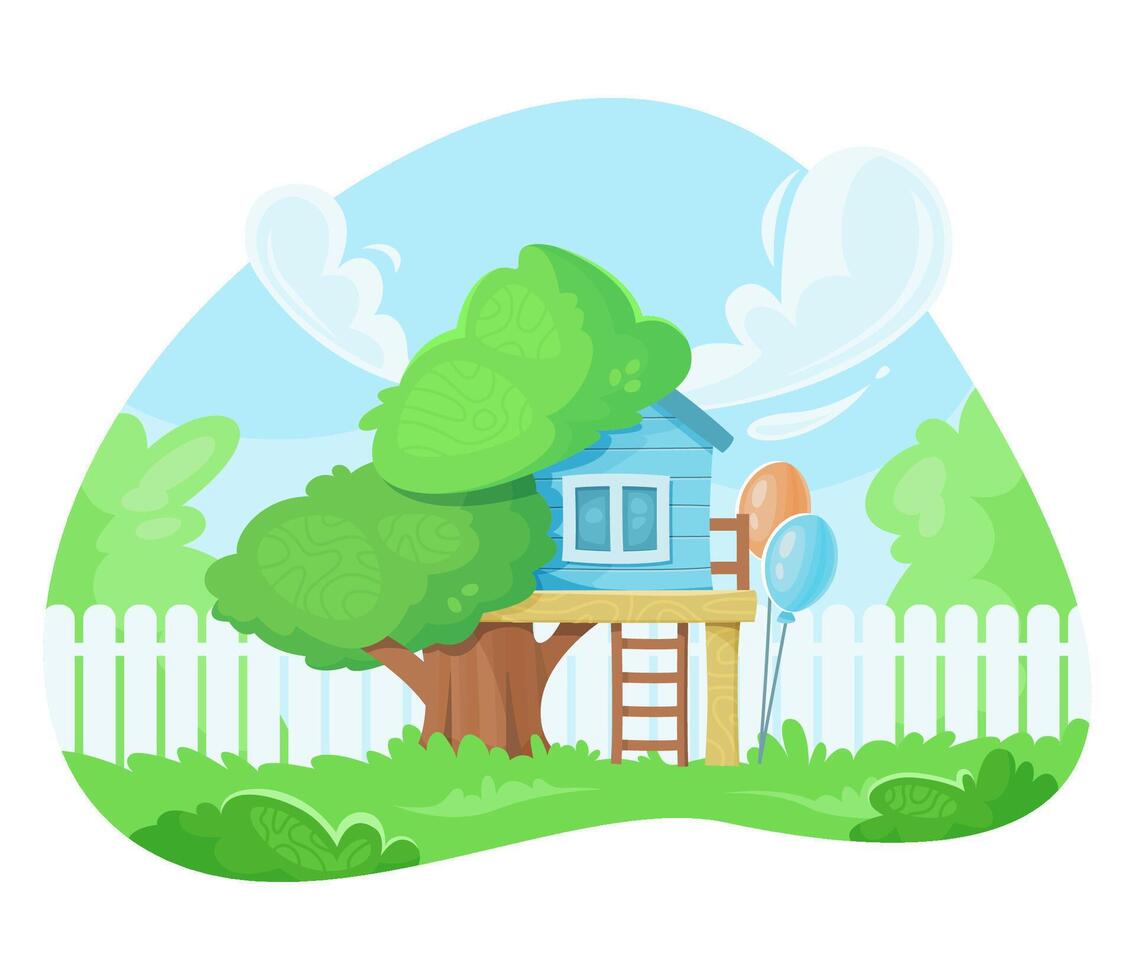 Vibrant cartoon vector illustration of treehouse in sunny backyard with a white fence under blue skies. Cute blue tree fort.