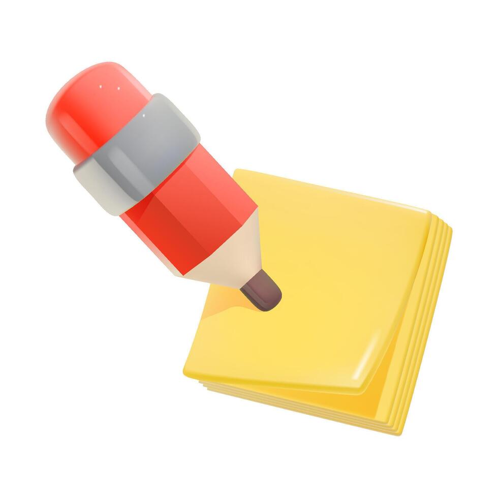 3D icon of pencil on yellow sticky notes. Vector isolated illustration with office stationery. Empty memo notepad.