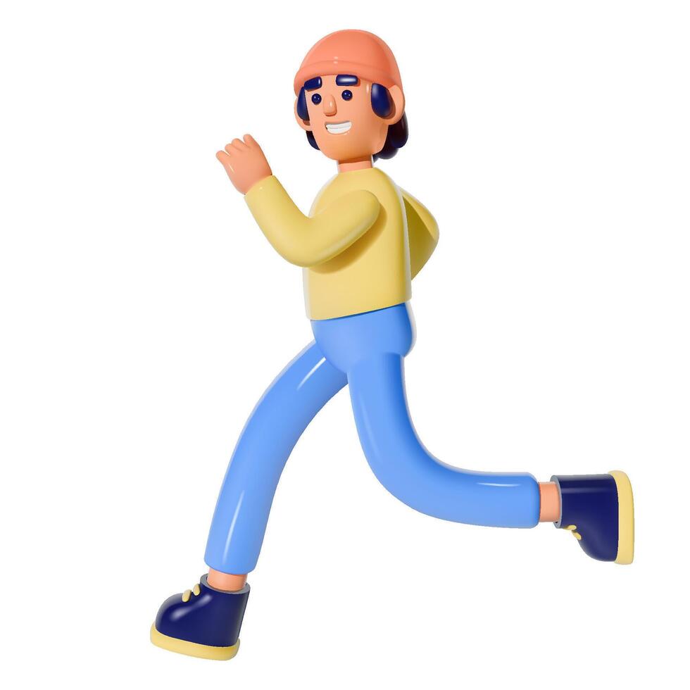 3D vector running man. Male cartoon character jogging in casual attire. Participation in sports races, athletic competitions. Isolated illustration, white background.