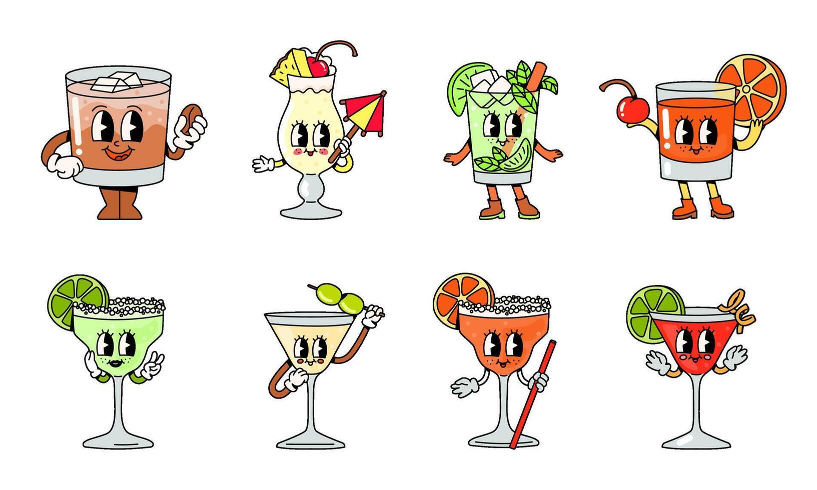 Cartoon groovy cocktail characters collection. Set of alcoholic drinks in glasses of different shapes with cute faces, hands and feet. Vector illustration.