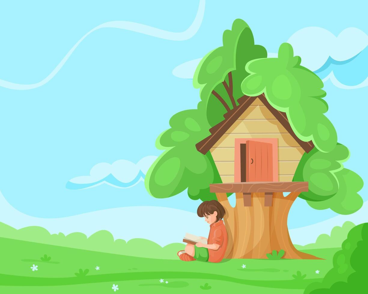 Child reading under treehouse in green landscape. Girl is sitting with book under tree with lush green foliage. Colorful cartoon vector illustration.