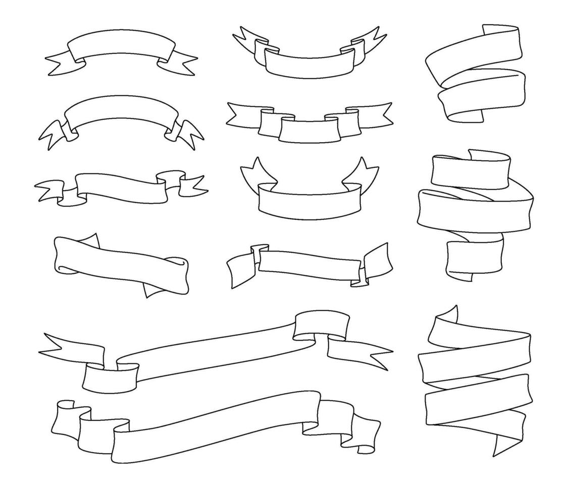 Set of blank vintage ribbon banners. Collection of simple frames, suitable for various design purposes. Vector line art illustration isolated.