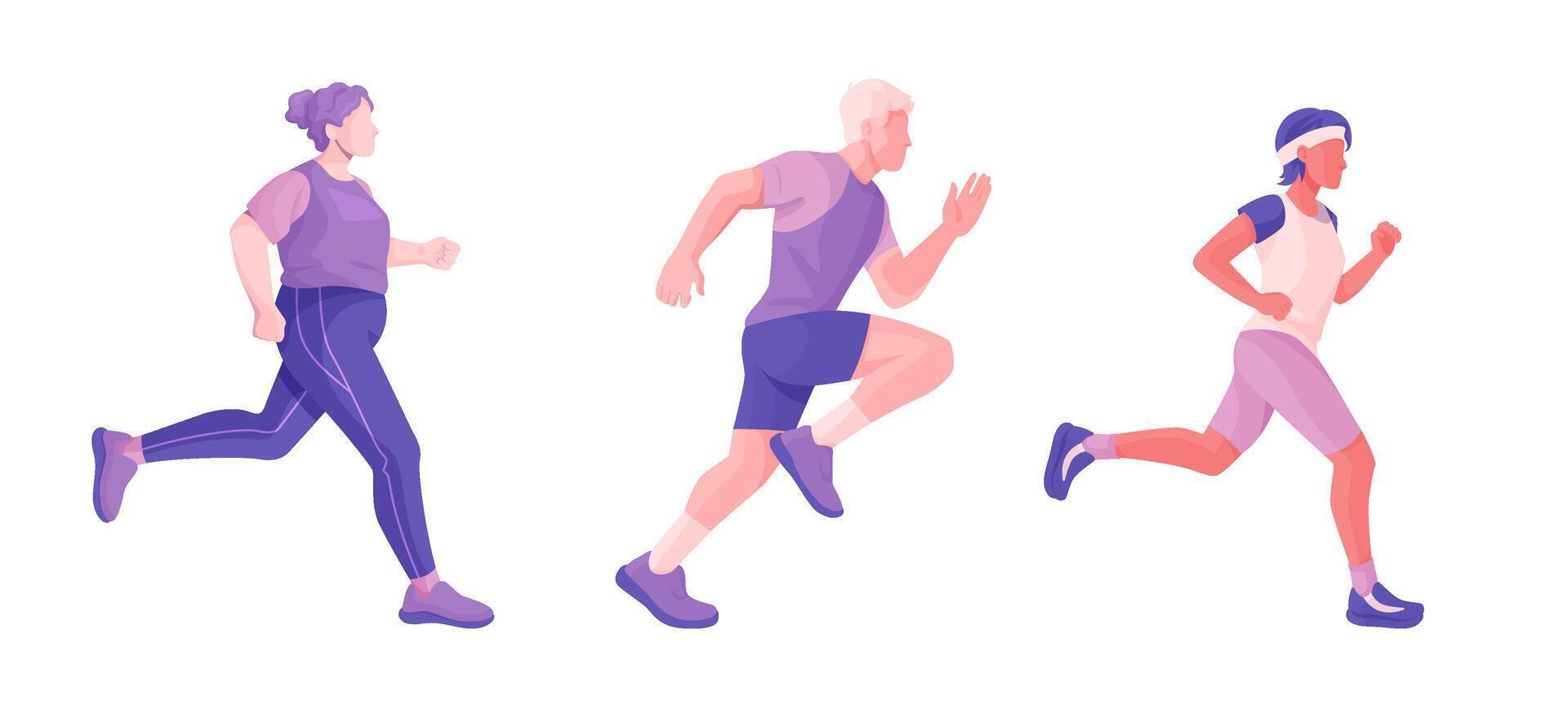 Set of different jogging people. Man and women with different physiques run in sports uniforms. Persons are doing cardio workout for health. Modern illustration in flat vector style.