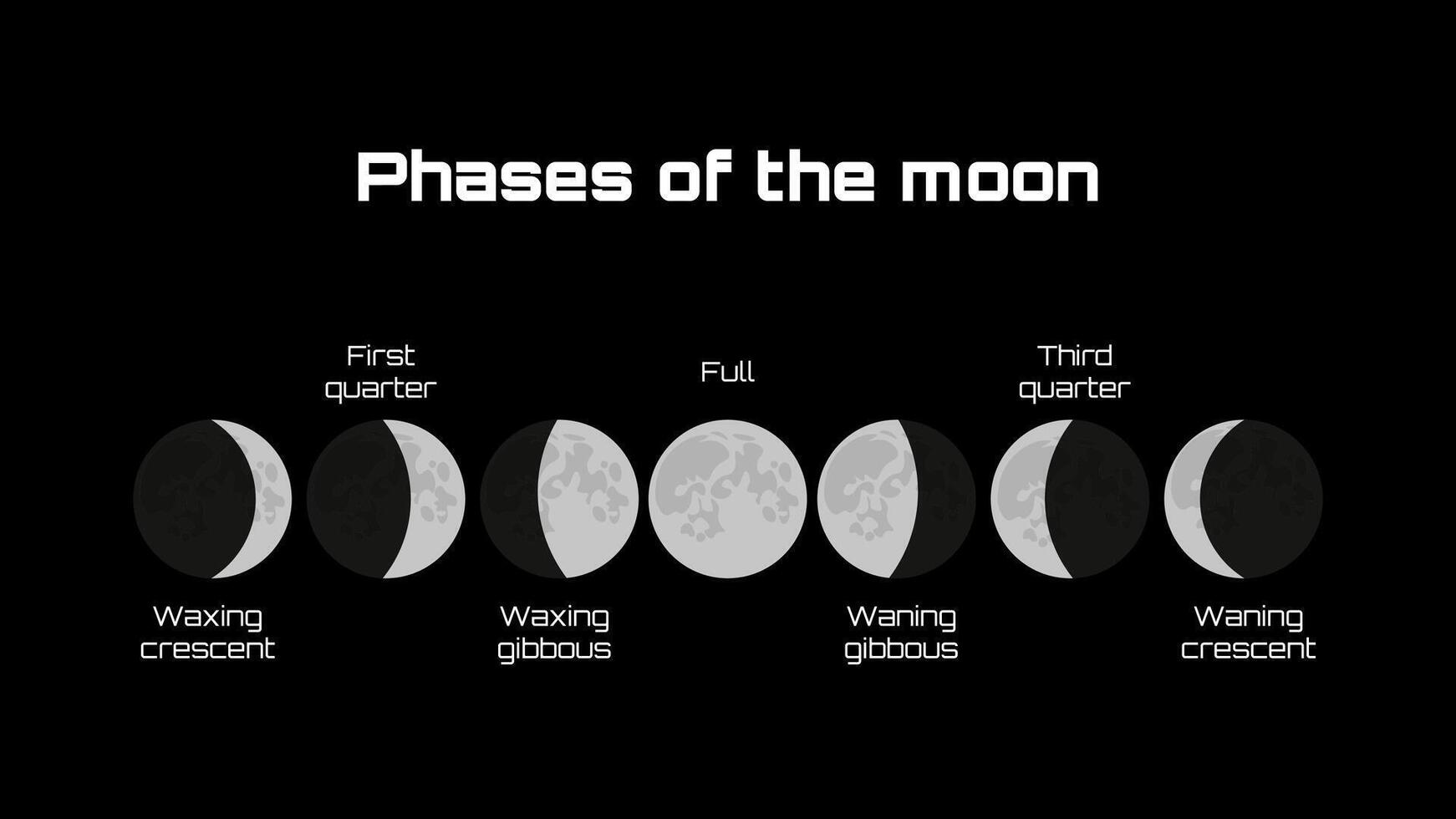 Vector phases of the moon with names on a black background.