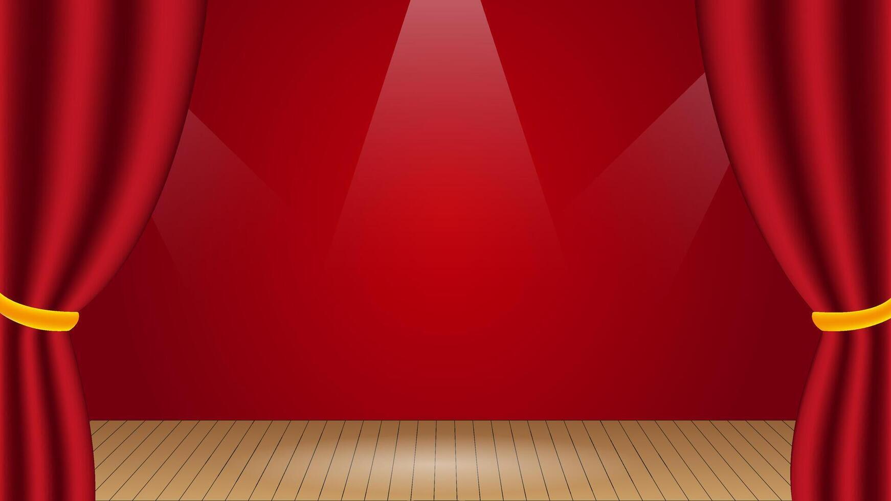 A vector stage with a wooden floor and open red velvet theater curtains.