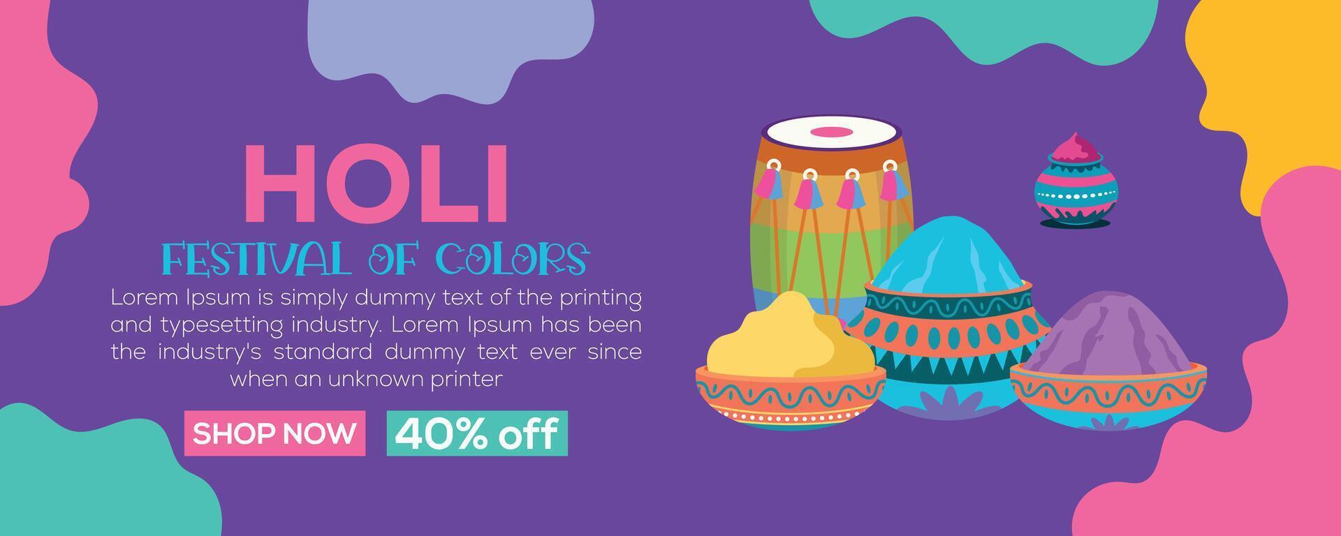 Happy Holi colorful banner template indian hinduism festival celebration, social media poster design and horizontal banner template for holi festival celebration vector