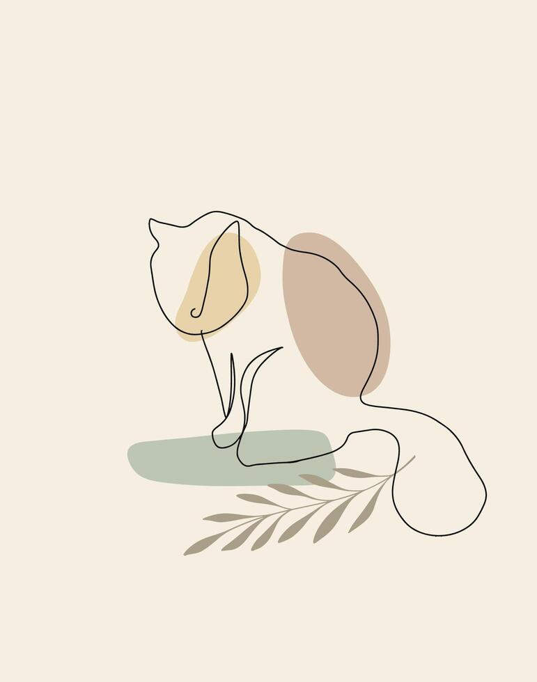 One line sitting cat vector illustration with abstract shapes and plant branch, leaves beige colors