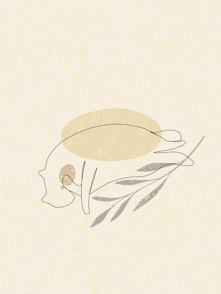One line lying cat vector illustration with abstract shapes and plant branch, leaves beige colors
