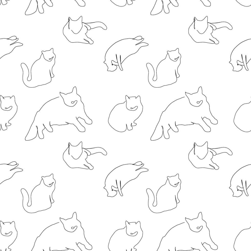 one line cats vector illustration seampless pattern black and white doodle sketch pets kids animals lying sitting kitten outline textile design, wrapping paper, printable repeatable home pets