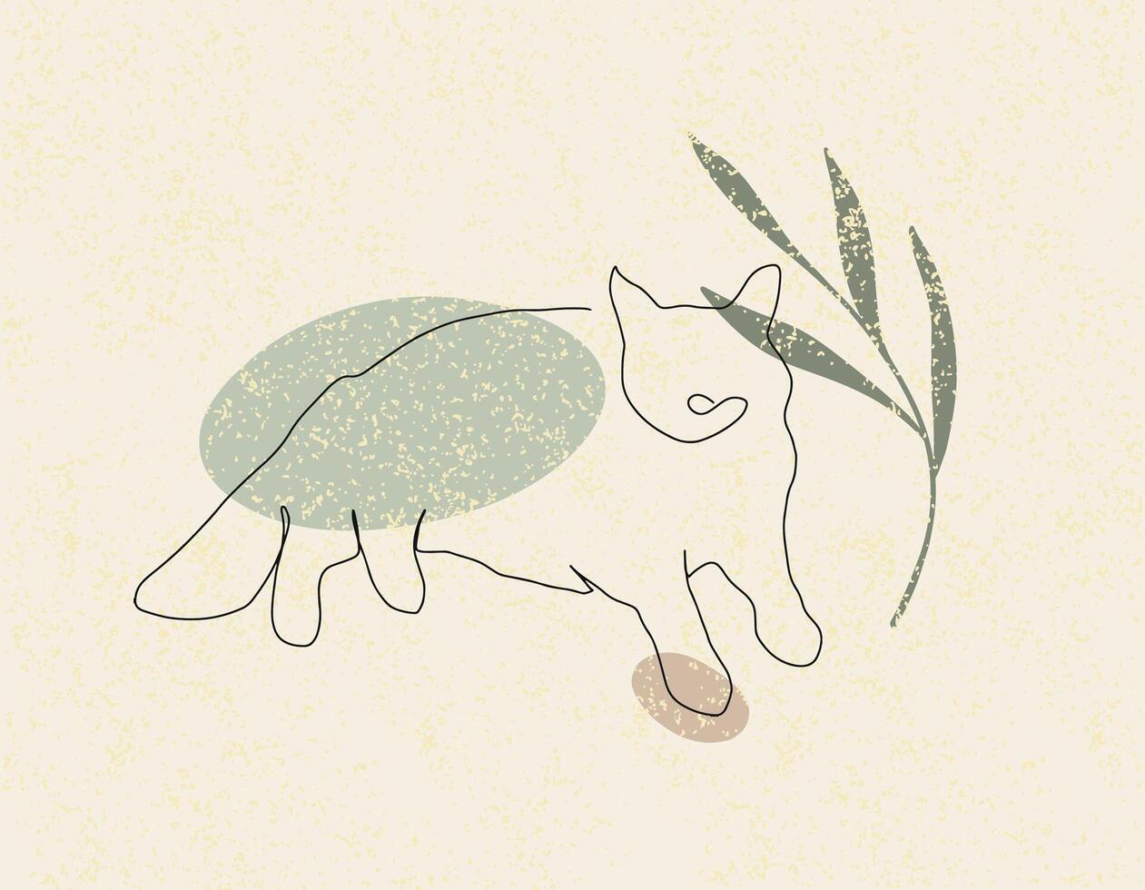 uno línea acostado gato vector ilustración con resumen formas y planta rama, hojas beige colores