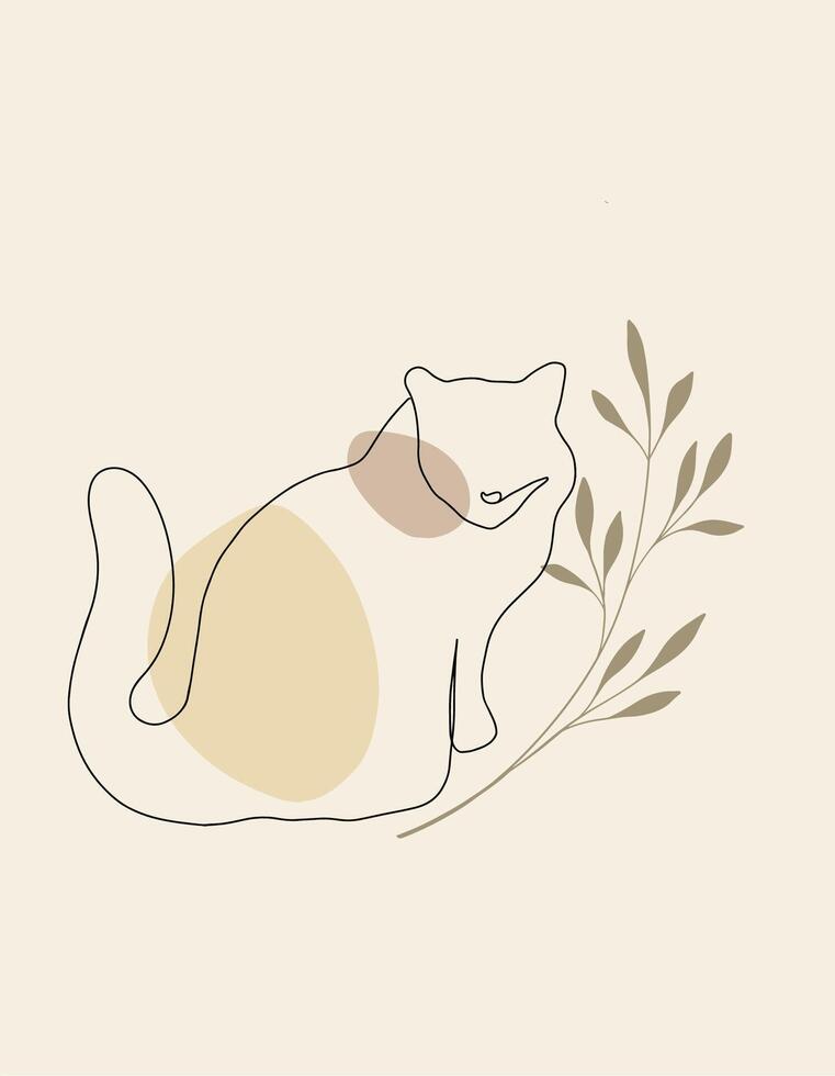 One line sitting cat vector illustration with abstract shapes and plant branch, leaves beige colors