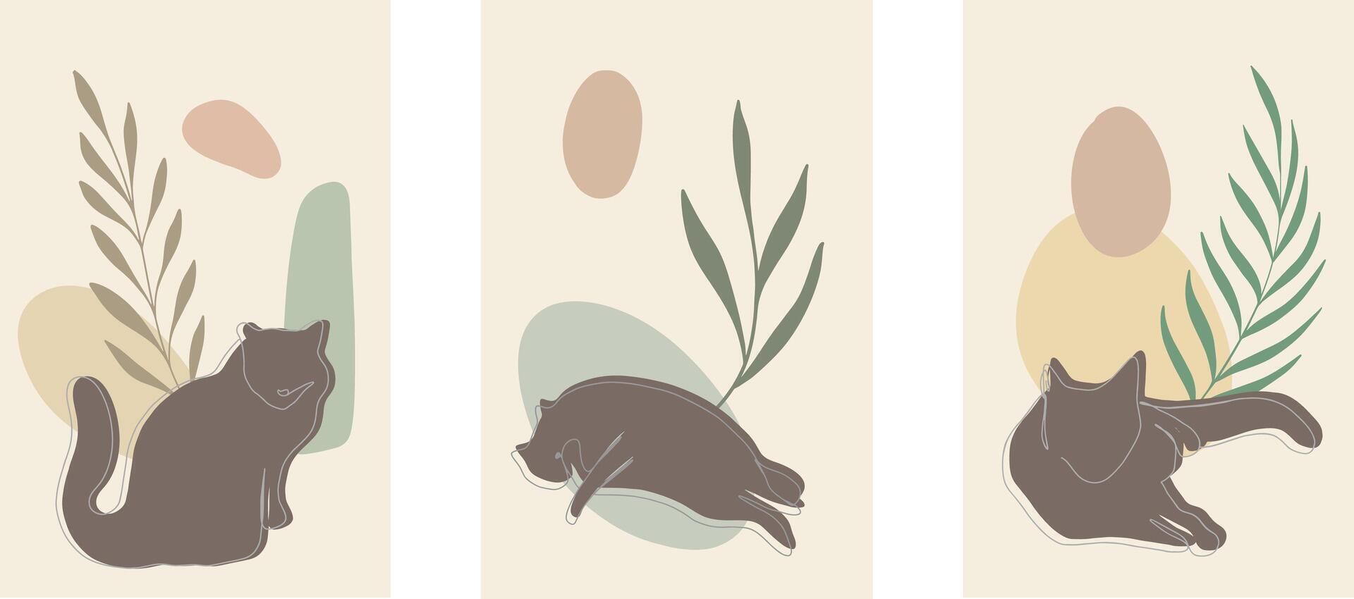 One line lying cat vector illustration with abstract shapes and plant branch, leaves beige colors