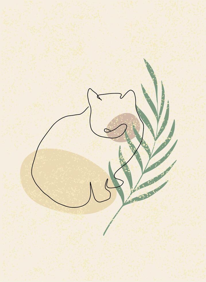 One line sitting cat vector illustration with abstract shapes and plant branch, leaves beige colors