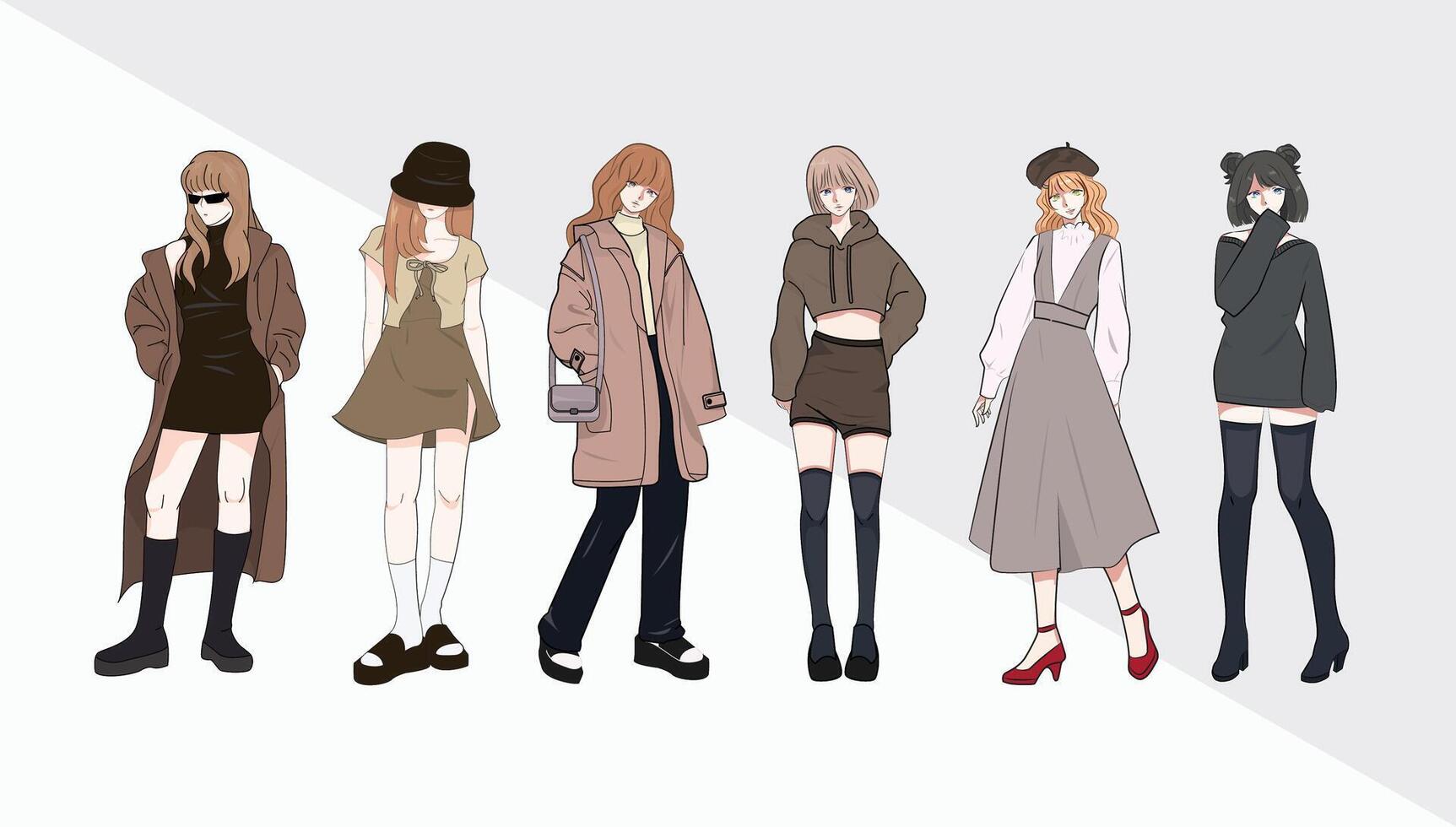 Set of stylish model women wearing fashion outfits croque design vector